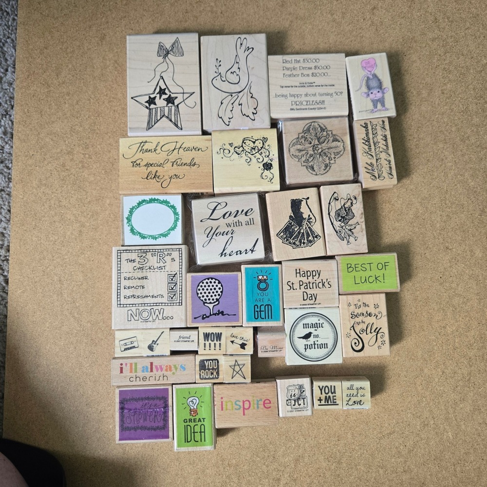 Lot of 30 Vintage Wood Mounted Rubber Stamps Stampin Up Sentiments Holiday Craft